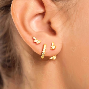 Sterling Silver Floral Set: Earring Jacket, Graduated Huggies Hoop, Ear Climber for Multi Piercings, Dainty Everyday Ear Stack, Gift Set