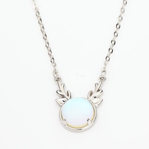 Antler Moonstone Necklace, White Moonstone Handmade Jewelry, Dainty Deer June Birthstone Silver Necklace, Reindeer Necklace, Holiday Gift