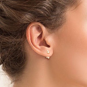 Puede incluir: Primer plano de la oreja de una mujer con un par de pequeños pendientes de oro con un delicado diseño de hojas.