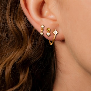 Silver Dainty  Everyday Earring Set: Bar Earring Jacket, Chain Drop, Dangle Stud, Multi Piercings, Ear Stack, Gift Set for Her