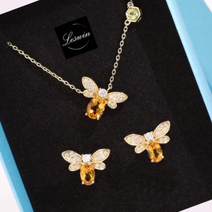 Genuine Gold Citrine Necklace & Earring Gift Set, 5A CZ, Solid Sterling Silver Queen Bee, Dainty November Birthstone, a Unique Gift for her