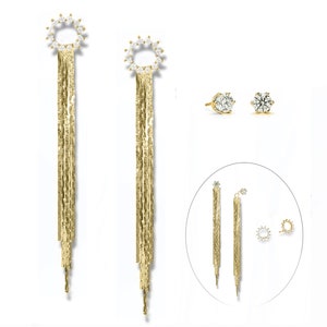 4 in 1 Ear Jacket Fringe Earring, Pave CZ Sunburst Stud, Geometric Open Circle Tassel, Crystal Linear Drop Cascade Dangle, Ready to Gift Set