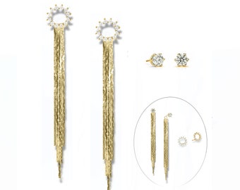 4 in 1 Ear Jacket Fringe Earring, Pave CZ Sunburst Stud, Geometric Open Circle Tassel, Crystal Linear Drop Cascade Dangle, Ready to Gift Set