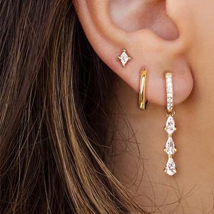 Long Earring Dangle Set: Removable Charm Drop Earrings, Solid Huggie Hoop, Diamond Stud, Dainty Set of 3 Earring Stack, Bridesmaid Gift Set