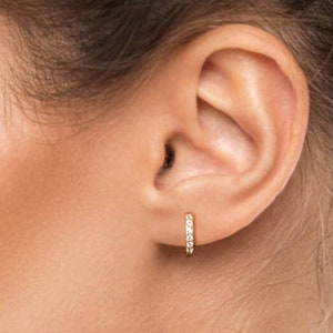 May include: A close-up of a person's ear with a small gold hoop earring with a row of clear cubic zirconia stones.