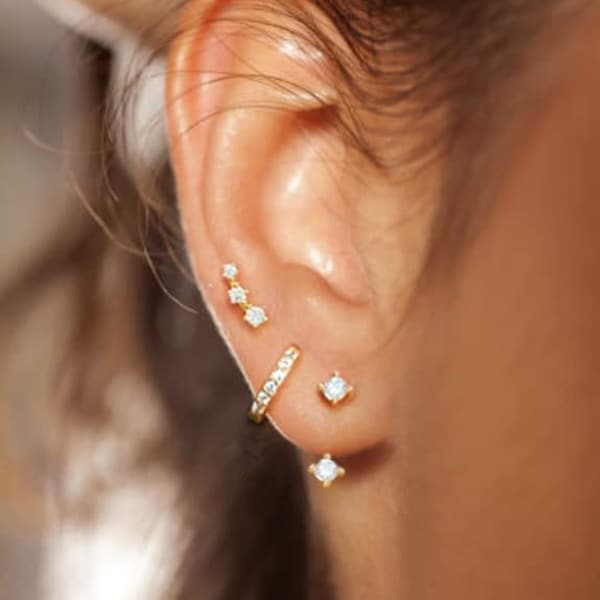 Sterling Silver Minimalist Set: Earring Jacket, Huggies Hoop, Ear Climber for Multi Piercings, Dainty Everyday Ear Stack, Ready to Gift Set