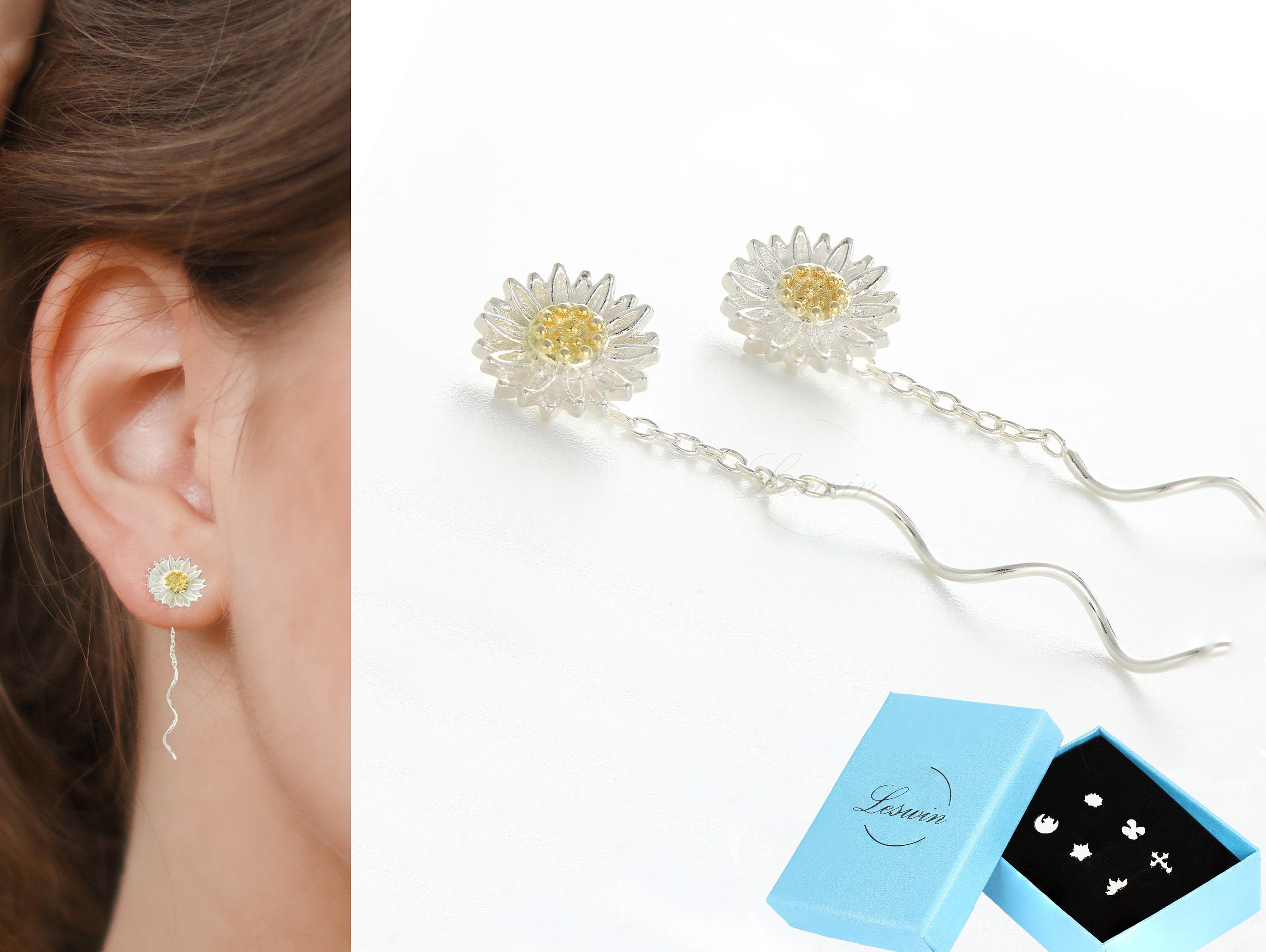 Dainty Chrysanthemum Ear Threader, White Orchid Earrings, White Daisy Earrings, Sterling Silver Natural Flower Stud, Spring Handmade Jewelry