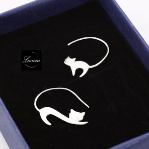 Cat Earring, Cat Hoop, Sterling Silver Cat Dangle, Mismatched Cat Stud Kitten Earring, Pet lover Jewelry, Gift for her, Large Shiny Polished