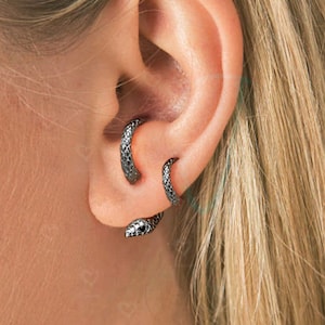 May include: A close-up of a person's ear with two snake-shaped earrings. The earrings are silver and have a textured finish.