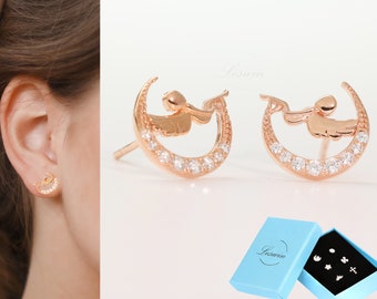 Angel Wings Earrings, Rose Gold Love Studs, Guardian Angel Earrings, Adorable Cherub Cupid Stud, Asymmetrical Dainty Earring, Gift for Her