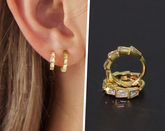 Reversible Huggie Hoop Earring, Bezel Diamond Hoops & Solid Gold Earrings, Sterling Silver, Dainty Everyday Ear Stack, Ready to Gift