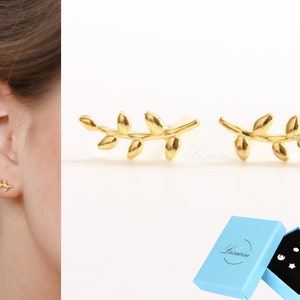 Tiny Leaf Studs, 18k Gold on Sterling Silver, Olympic Wreath a Sign of Victory, Gold Ear Climber, , Silver Leaf, Boho Olive Branch Climbers