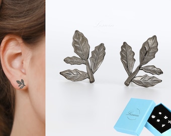 Pendientes de hoja de arce, hoja de otoño de otoño, sementales negros de hojas diminutas, delicadas plantas naturales, sementales de hojas de rama, pendientes de metal, plata de ley 925