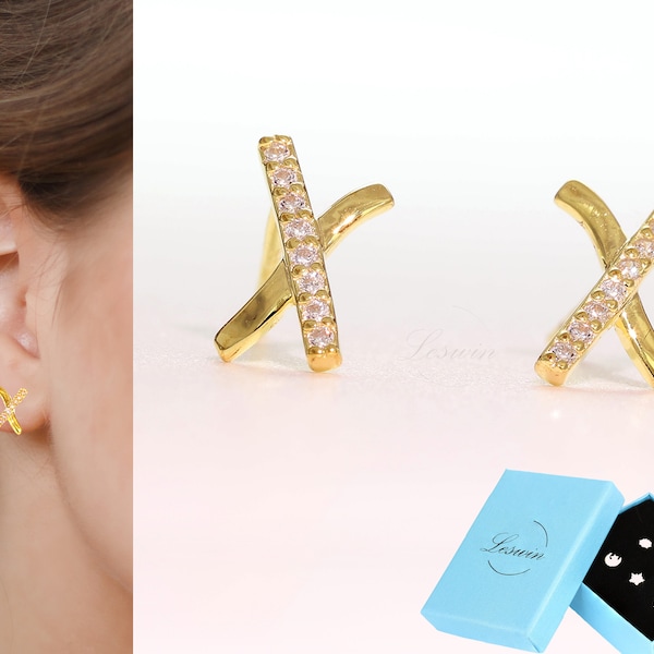 Rose Gold Cross Geometric Earrings, Gold X Earring, Gold X Shaped Tiny Studs, Gold Crystal Earrings, XOXO Studs, 999 Silver, Gift Ready