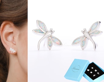 Dainty Dragonfly Opal Earrings, Tiny Cartilage studs, Adorable Animal Stud, Cute Kids Earring, Nature Inspired Studs, Minimalist Insect Stud