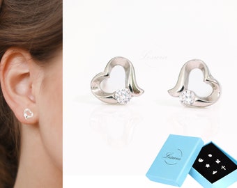 Délicats minuscules clous en or 14 carats, argent sterling, boucles d’oreilles à cœur ouvert en argent minimaliste, boucles d’oreilles quotidiennes, cadeau de Saint-Valentin pour elle