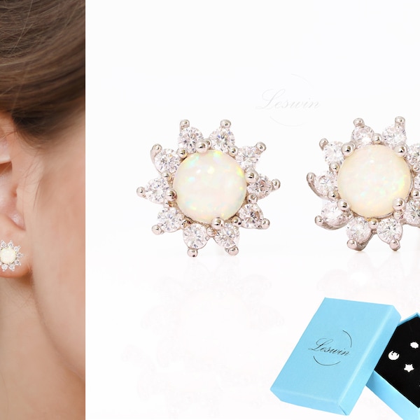Large Halo Opal Earrings, Minimalist Sunflower White Opal Stud, Dainty Sun, CZ Sol Celestial, Starburst Handmade Jewelry, October Birthstone