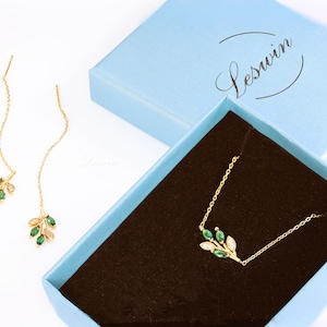 Emerald Crystal Gold Vine Pendant Necklace, Sterling Silver, Green Oliver Leaf Branch Ear Threader, Diamond Simulant, Nature Lover Gift