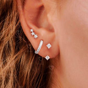 Silver Dainty Set: Earring Jacket, Huggie Hoop, Ear Climber, Multiple Piercing Set, Everyday Ear Stack, Bridesmaid Gift for Her, Gift Set