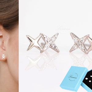 Silver North Star Stud, Tiny Sterling Silver X Studs, 14k Gold Double Cross Earrings, Gold Star Studs, Minimalist Jewelry, Gift for her