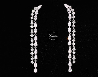 Sterling Silver Fringe Earrings, Diamond Crystal Tassel, Designer Long Drop Party Dangle, Bridal Bridesmaids Ear Threader, Gift for her