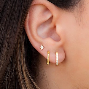 Huggie Hoop Earrings: Solid Gold Huggie, Pave Ring Hoop, Rhombus