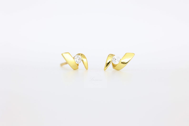 14k Gold Smooth Twisted Wire Studs, Tiny Helix Earring, Dainty Gold CZ Statement Earring, Minimalist Design, Elegant Jewellery, Gift for Her image 6