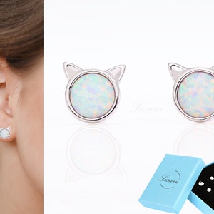 Kitty Cat Opal Studs, White Opal Gemstone Earrings, 14k White Gold Finish Cat Jewelry, Animal Earring, Rose Gold Pet Studs, Unique Gift
