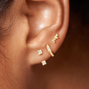 Sterling Silver Geometric Set: Earring Jacket, Baguette Pave Huggies Hoop, Solitaire Ear Climber for Multiple Piercings, Dainty Everyday Set