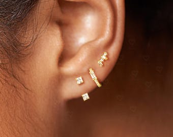 Sterling Silver Geometric Set: Earring Jacket, Baguette Pave Huggies Hoop, Solitaire Ear Climber for Multiple Piercings, Dainty Everyday Set