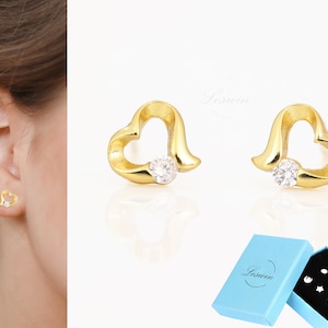 Gold Herz Ohrring, Massiv Sterling Silber 14k Gold Finish, Offene Herz Ohrstecker, Herz Creolen, Minimalistische Ohrring, Valentinstag Geschenk