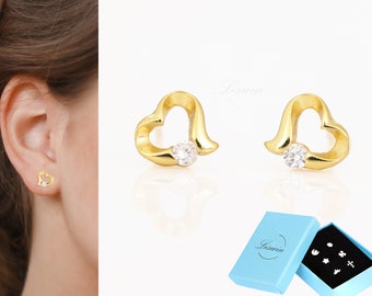 Gold Heart Earring, Solid Sterling Silver 14k Gold Finish, Open Heart Studs, Heart Hoop Earrings, Minimalist Earring, Valentine Gift For Her