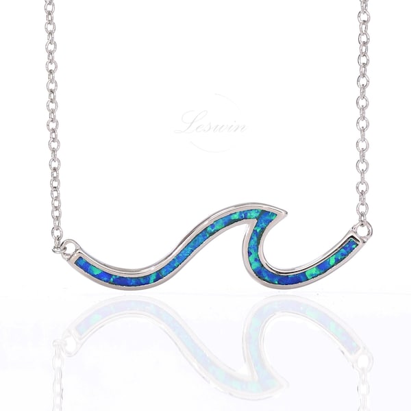 Ocean Wave Opal Hanger Ketting, 14k Gold Finish Beach Lover Surfer Sieraden, Minimale Witte of Blauwe Opaal Edelsteen, Zomer Zee Ketting