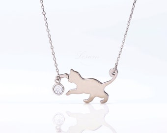 Dainty Cat Statement Necklace, Adorable Cat Pendant Necklace, Silver Charm Layering Necklace, Cute Animal Lover, Pet Jewelry, Birthday Gift