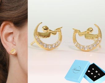 Crescent Moon Studs, 999 Silver, Guardian Angel Earrings, Angel Wings Studs, Adorable Cherub Cupid Stud, Romantic Love Studs, Gift for Girl