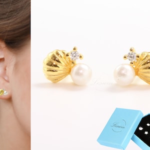 18k Gold Finish Pearl Seashell Studs, Mermaid Earrings, Gold Seashell Earrings, Tiny Dainty Seashell Studs Earrings, Gold Seashell Jewelry