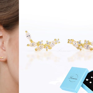 14K Gold Finish Zircon Curved Leaf Studs, Tree Branch Climber Earrings, CZ Leaf Branch Post Earring, Bling Bling Earrings, Nature Stud