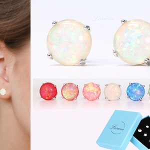 Delicados pendientes de ópalo de 8 mm, pendientes de piedras preciosas con engaste de garra, pendientes grandes de ópalo, pequeñas joyas hechas a mano, piedra de nacimiento de octubre, pendientes apilables