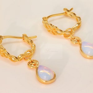 Genuine Opal Earrings, Sterling Silver, Detachable Opal Hoops Earrings, Natural Stone Teardrop Dangle, Vintage French Victorian Lace Huggie