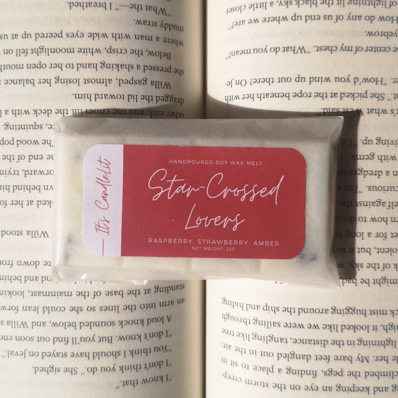 Raspberry scented bookish WAX MELT Star-crossed Lovers snap bar Strawberry scent Book themed Booklovers gift image 1