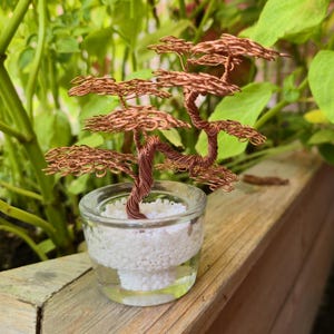 May include: A copper wire bonsai tree sculpture in a small glass container filled with white beads and water. The tree has a twisted trunk and delicate, layered branches, set against a backdrop of green foliage.