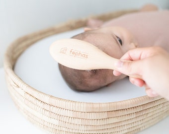 Natural Wooden Baby Soft Brush for Newborn and Toddler girls and boys features soft goat hair and silicone brush.