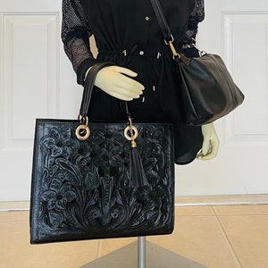 Glendy // Bolso de mano de piel auténtica 100 % cincelada y grabada a mano // Lujo negro <3