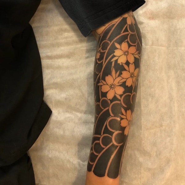 Semi-Permanent Temporary Tattoo: Traditional Japanese Flower Solid Half Sleeve Design