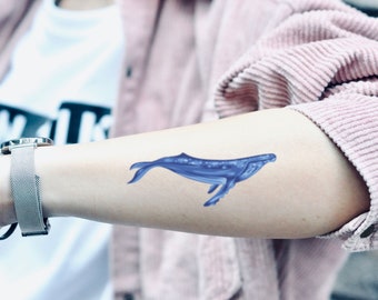 Autocollant de tatouage temporaire baleine bleue (Ensemble de 2)