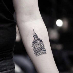 May include: A black and white line drawing of Big Ben, a famous clock tower in London, England.