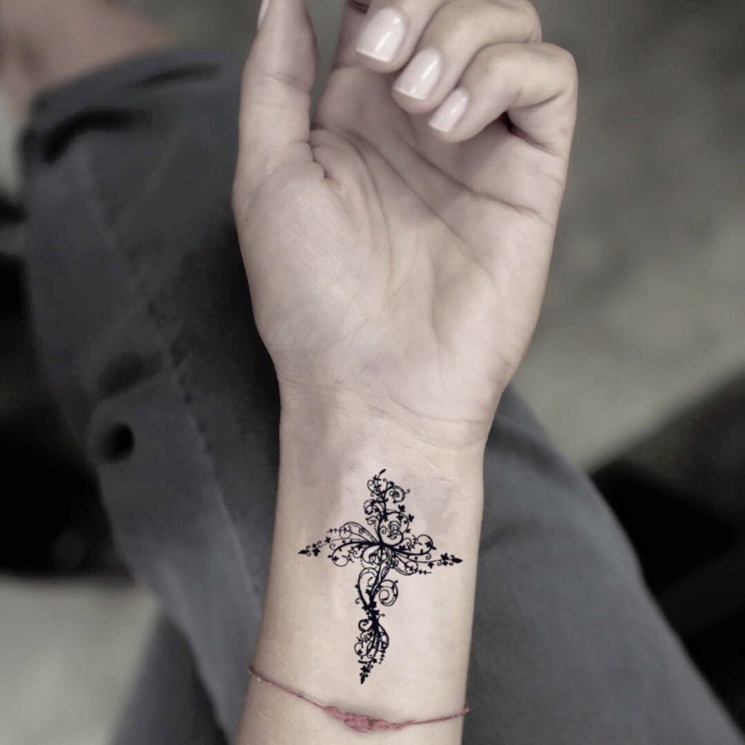 Flower Cross Temporary Fake Tattoo Sticker (set of 2) - Etsy