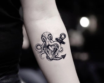Pegatina de tatuaje temporal falso de pulpo con ancla (juego de 2)