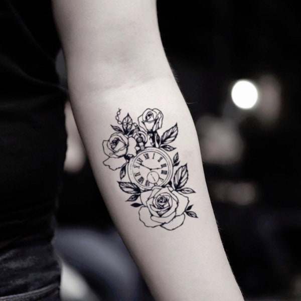 Rose Clock Temporary Fake Tattoo Sticker (Set of 2)