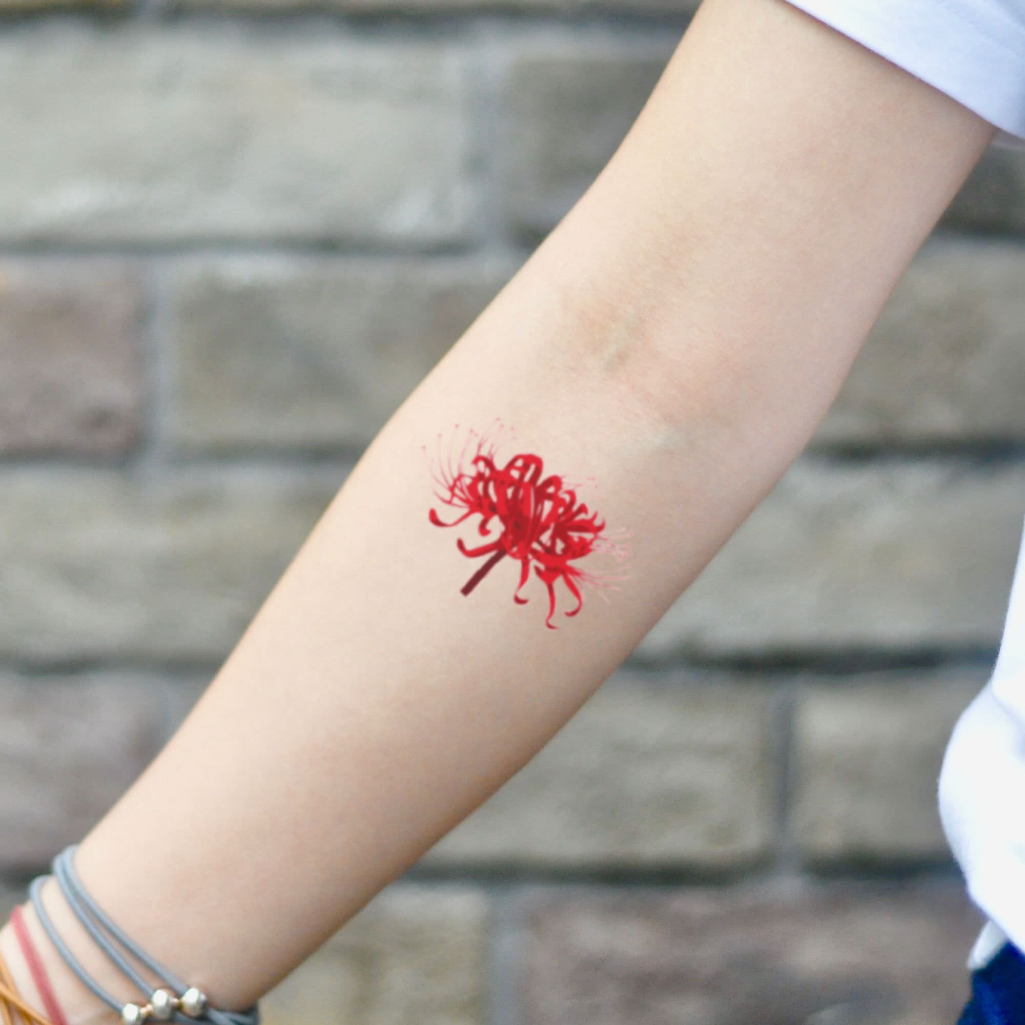 Single needle spider lily tattoo on the left shoulder